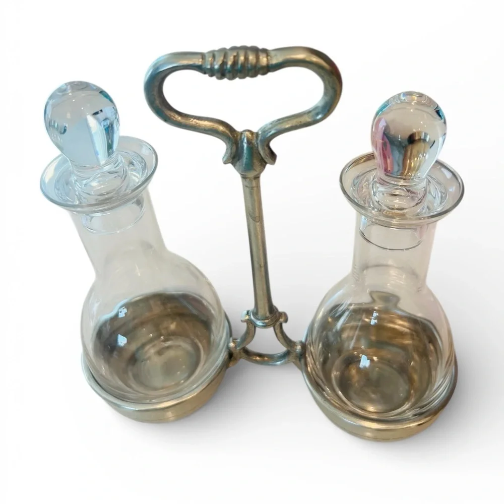 Vintage Glass Oil & Vinegar Cruet Set with Metal Caddy | Dual Decanter Condiment